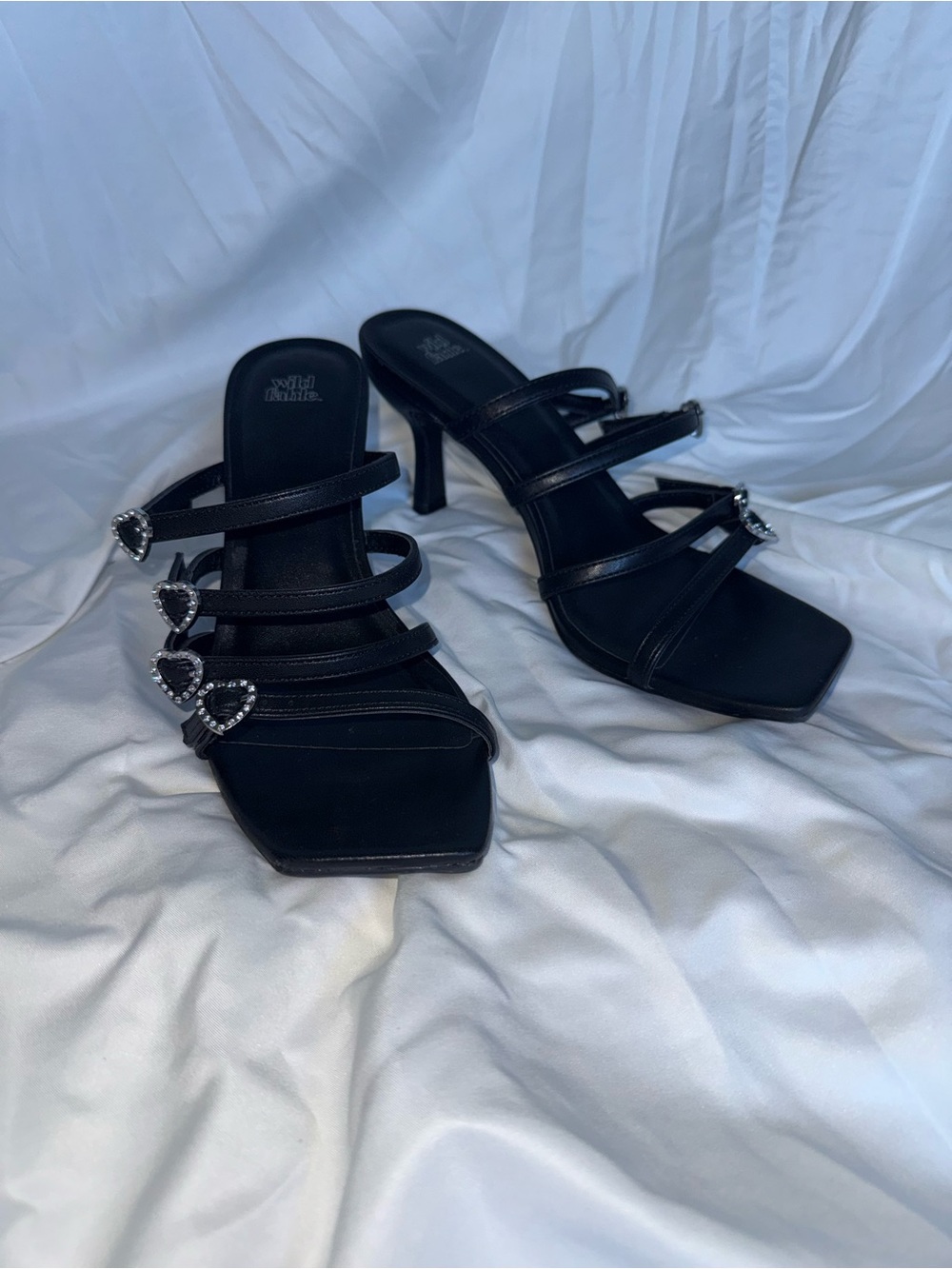 Y2K Black Strappy Heart-Accent Heeled Sandals
